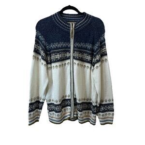 Vintage Mountain Lake Sweater Womens Size XL Zip Up Cardigan Nordic Blue White
